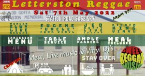 Poster for the first ever Reggae Music & Meal in the Letterston Memorial Hall. Sat 7May22 at 7pm