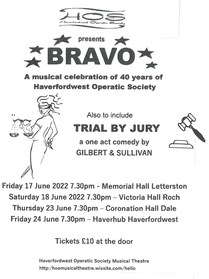 Poster for Haverfordwest Operatic Society musical celebration of 40 years. In Lettersto Memorial hall Friday 17 June 2022 at 7.30pm