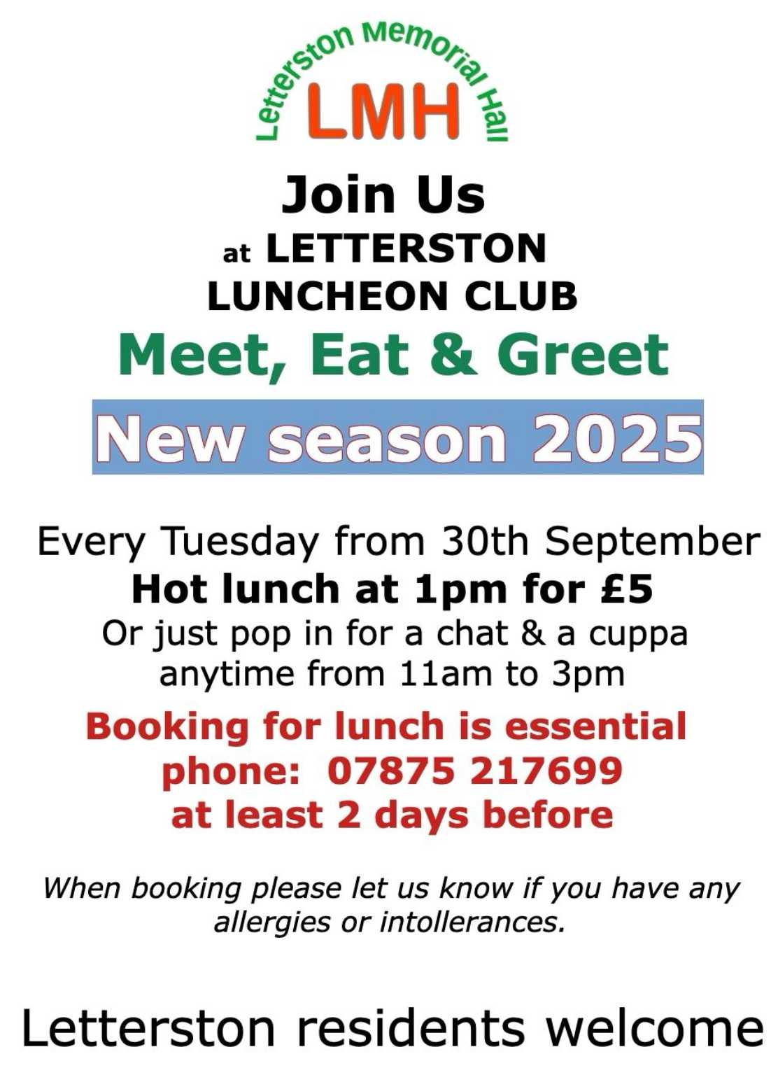 Letterston Luncheon Club Tuesdays 1pm. Booking essential.
