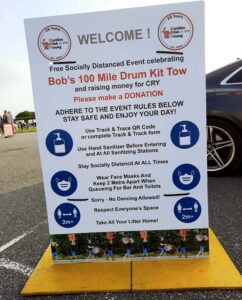 Drum Kit Tow 24Jul21for CRY charity ending at Letterston Memorial Hall