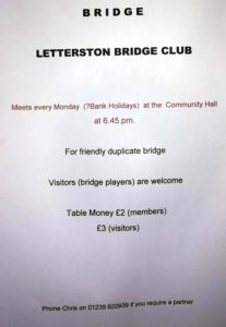 Poster for Bridge Club on Mondays at letterston memorial Hall