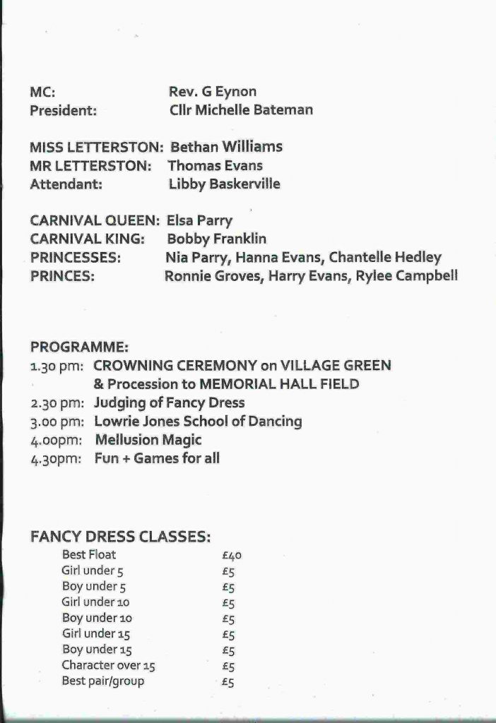 Programme for Letterston Memorial Hall Carnival 2018