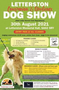 Dog Show at Letterston Memorial Hall on Monday 30th August 2021 from 11am
