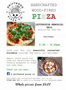 Poster for Driftwood Pizza at Letterston Memorial Hall Pembrokeshire
