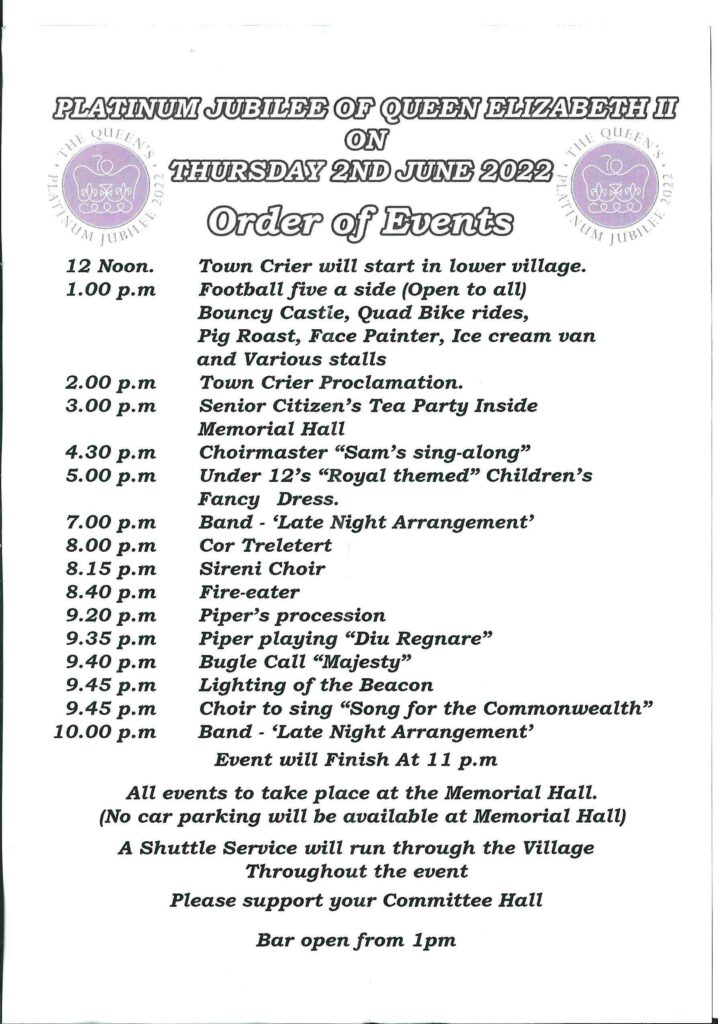 Poster showing activities for the Letterston celebration of the Queen's Platinum Jubilee 2nd June 2022