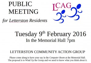 Poster inviting Letterston residents to a Public Meeting 9Feb
