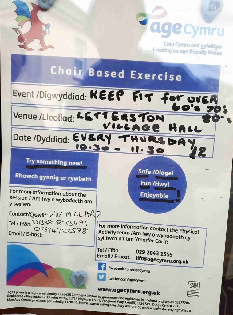 Poster for Keep Fit for over 60s at Letterston Memorial Hall every Thursday 10.30am