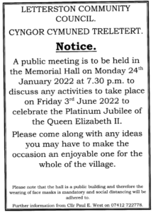 Public meeting 24th Jan 2022 on arrangements for the Queens Jubilee