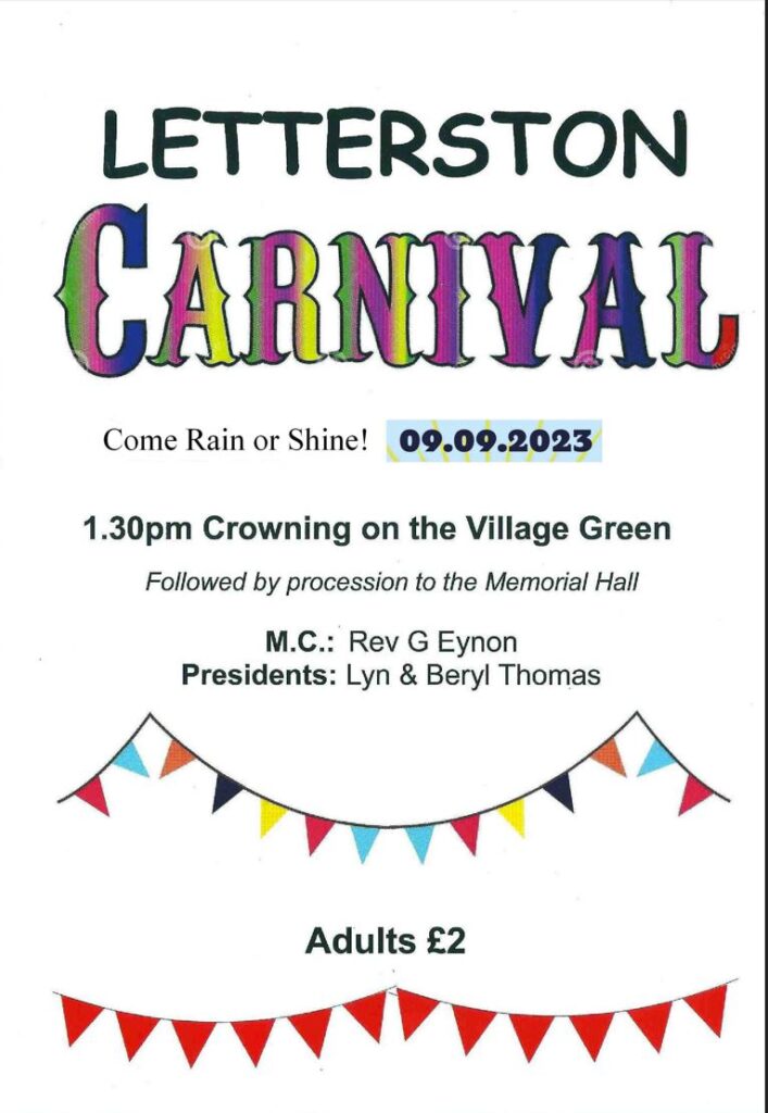 Brochure page 1 for Letterston Carnival in Sept 2023