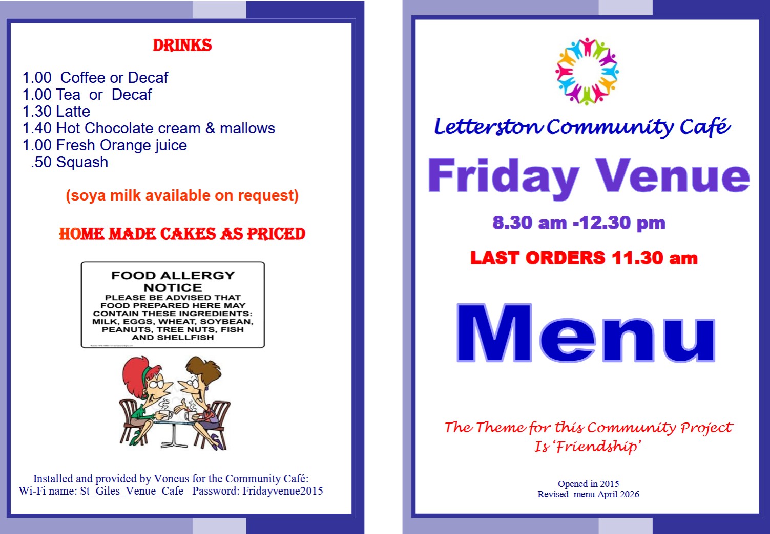 Letterston Village Friday Venue Menu from April 2026 Page 1 & 4