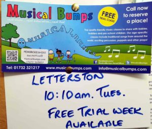 Poster for Musical Bumps at Tuesday 10:10am Tuesdays at Letterston Memorial Hall in Pembrokeshire