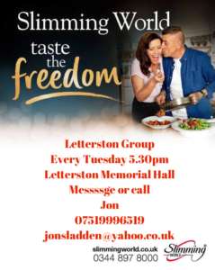 Slimming World Poster for Tuesday afternoons and evenings; currently run virtually. Ring jon on 00344 897 8000