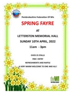 Poster for the WI Spring Fayre 10 April 2022 11am at Pembrokeshire's Letterston Memorial Hall